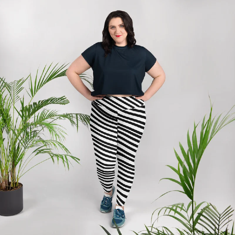 Diagonally Striped Plus Size Tights, Best White & Black Diagonal Stripe Women's Plus Size Yoga Pants Leggings- Made in USA/ EU Comfortable Printed Workout Leggings Diagonally Striped Plus Size Tights, Best White & Black Diagonal Stripe Women's Plus Size Yoga Pants Leggings- Made in USA/ EU Comfortable Printed Workout Leggings
