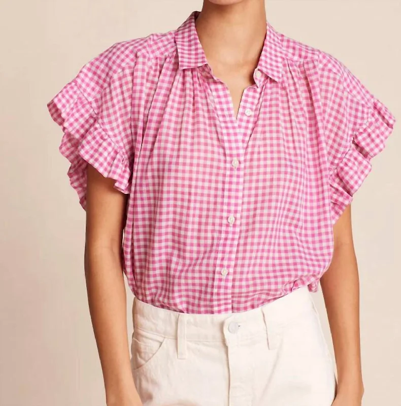Marianne B Ruffle Slv Shirt In Raspberry Check Front Pockets Side Pockets Patch Pockets