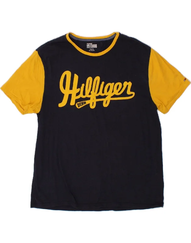 TOMMY HILFIGER Mens Graphic T-Shirt Top XL Navy Blue Colourblock Cotton Wool Fabric Cashmere Fabric Tweed Fabric