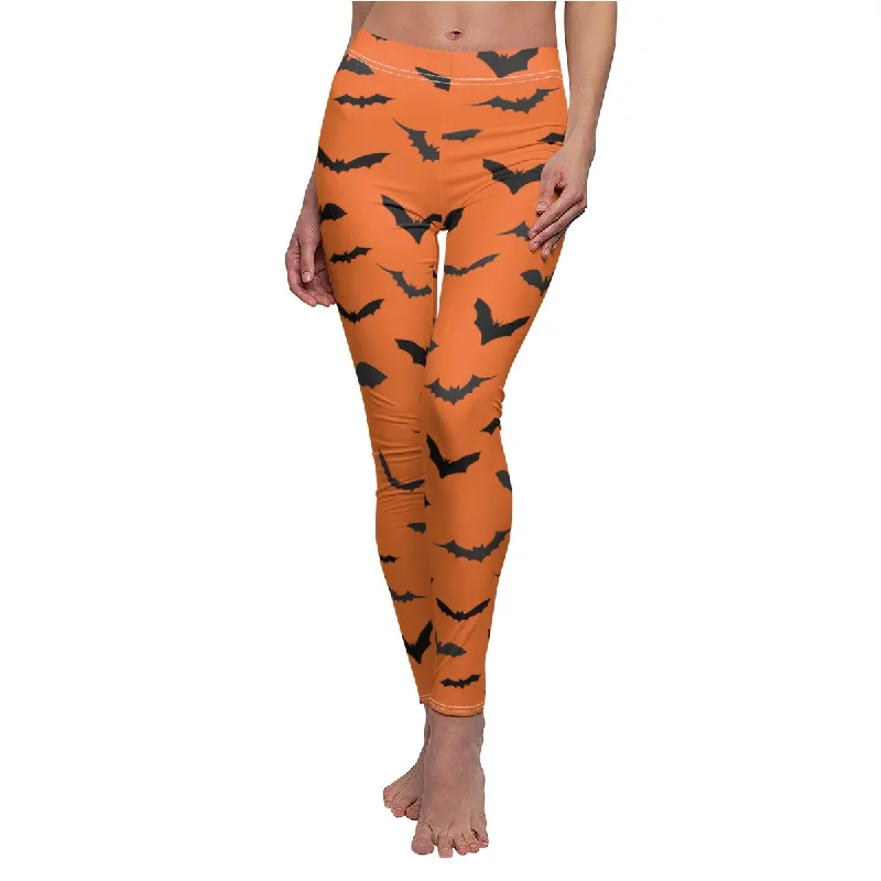 Red Orange Halloween Tights, Best Black Bats Women's Halloween Costume Casual Leggings- Made in USA Trendy Tie-Dye Leggings