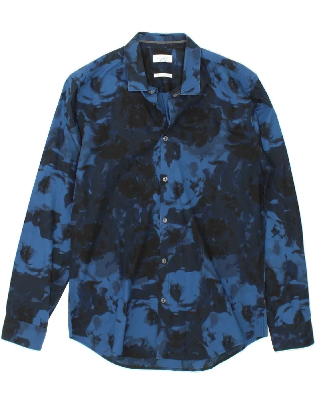 CALVIN KLEIN Mens Body Fit Shirt Medium Blue Floral Cotton Collared Crew Neck Turtle Neck