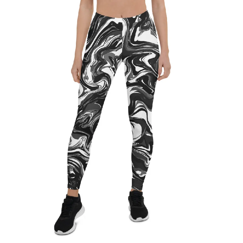 Black White Marbled Casual Leggings, Abstract Marble Print Women's Tights-Made in USA/EU Elegant Metallic Leggings