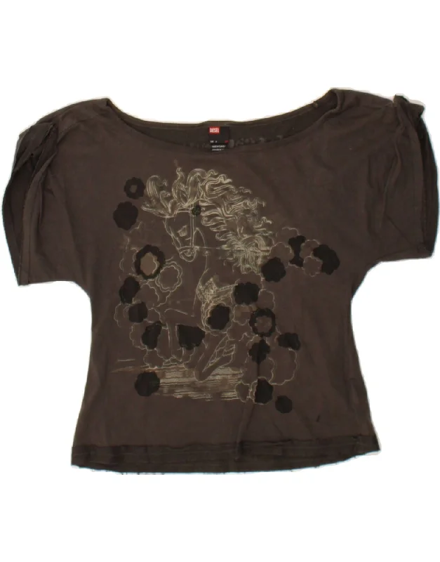 DIESEL Womens Graphic T-Shirt Top UK 12 Medium Khaki Cotton Nylon Fabric Polyester Fabric Spandex Fabric