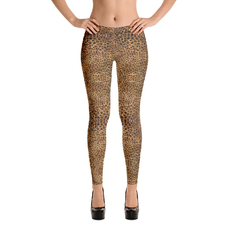 Brown Leopard Women's Leggings, Animal Print Fancy Dressy Long Tights-Made in USA/EU Fashionable Smooth Fit Leggings