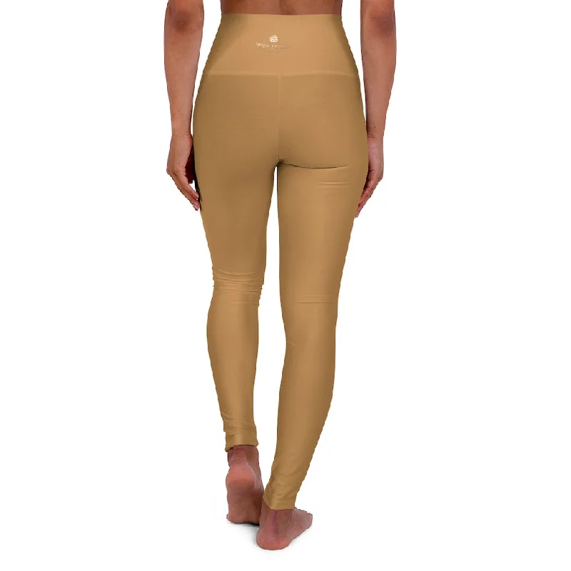 Beige Brown Women's Workout Pants, High Waisted Yoga Leggings, Solid Color Long Women Yoga Tights Comfortable Compression Leggings