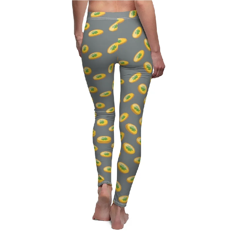 Gray St. Patty's Day Tights, St. Patrick's Day Gold Coins Green Clover Print Women's Casual Leggings- Made in USA Cozy Sweat-Wicking Leggings