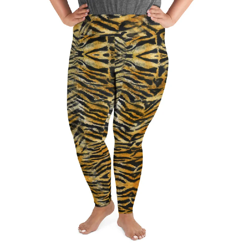Orange Tiger Plus Size Leggings, Animal Stripe Print Women's Yoga Pants-Made in USA/EU Stylish Compression Fit Leggings