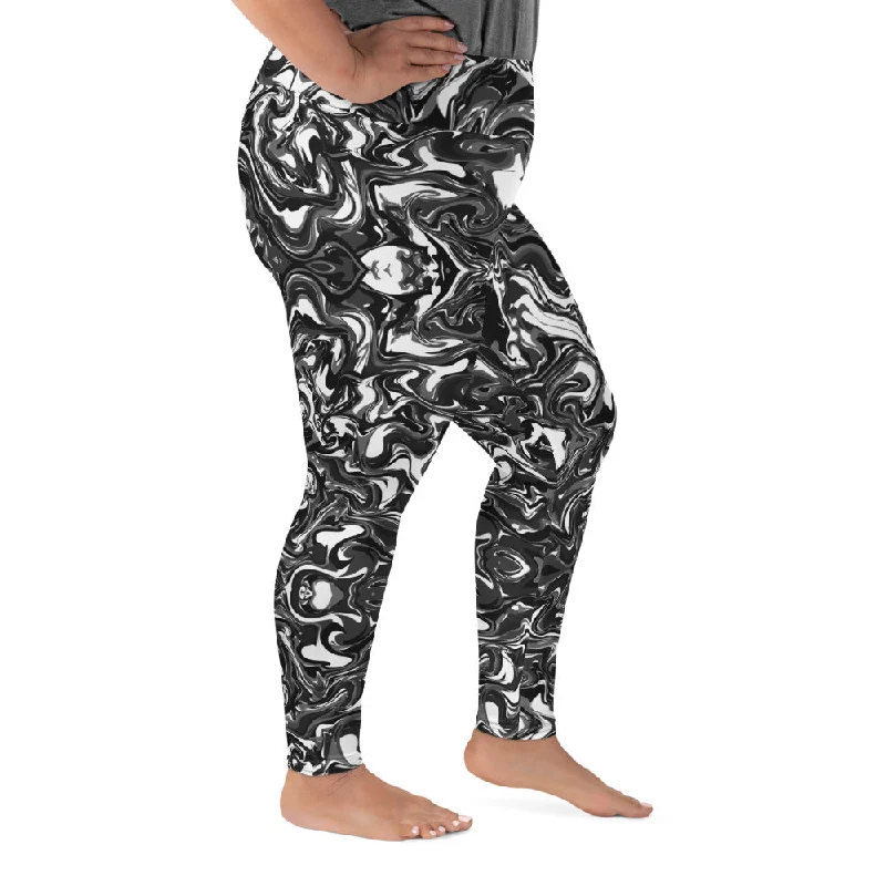 Black Marbled Plus Size Leggings, Abstract Marble Print Women's Yoga Pants-Made in USA/EU Fashionable Quick-Dry Leggings