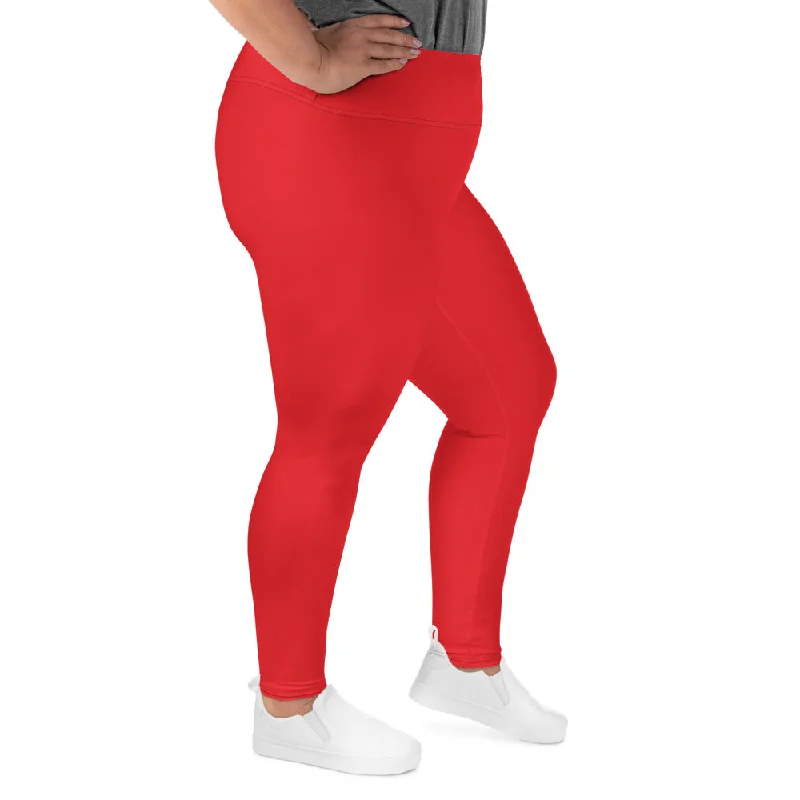 Bright Red Plus Size Leggings, Red Solid Color Women's Yoga Leggings-Made in USA/EU Cozy Full-Length Workout Leggings