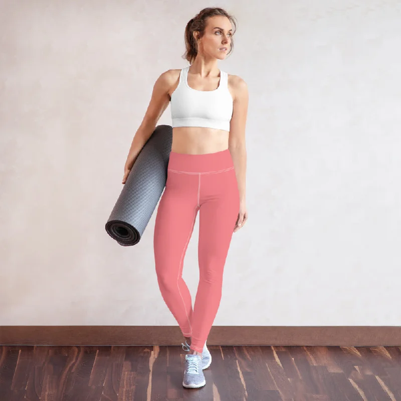 Peach Pink Yoga Leggings, Women's Solid Pink Color Long Yoga Pants-Made in USA/EU/MX Fashionable Printed Leggings