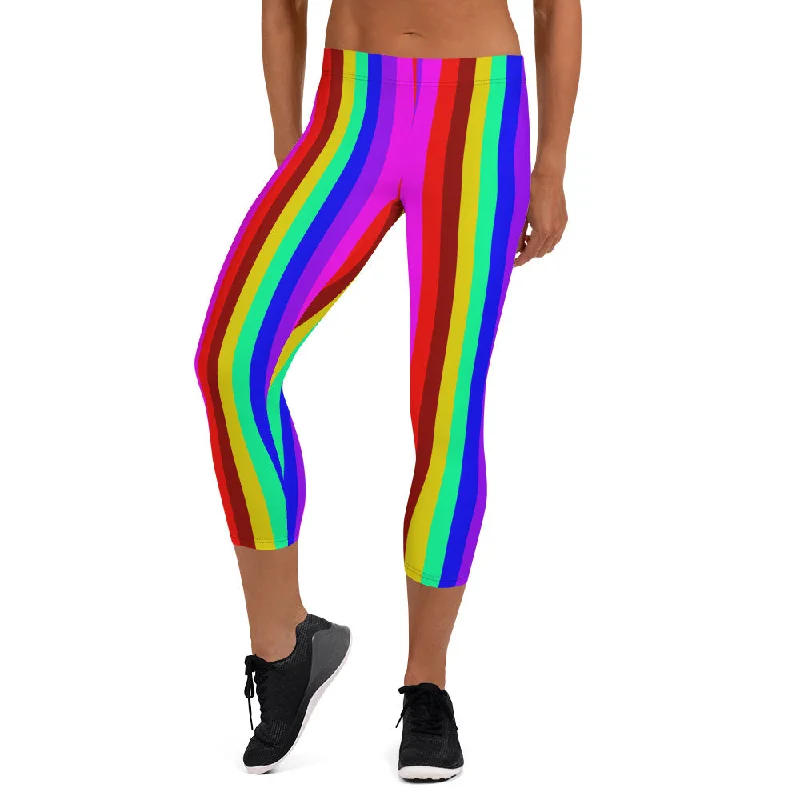 Gay Pride Capri Leggings, Rainbow Stripe Print Colorful Women's Tights-Made in USA/EU/MX Cozy Full-Length Workout Leggings