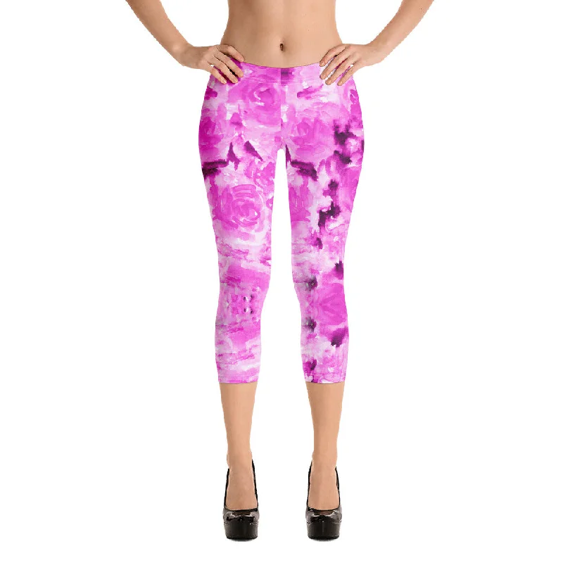 Pink Rose Capri Leggings, Floral Print Women's Capris Casual Fancy Tights-Made in USA/EU Stylish Camo Print Leggings