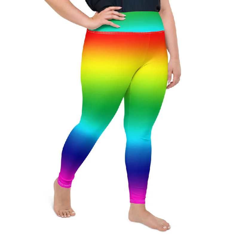Rainbow Ombre Plus Size Tights, Rainbow Color Print Women's Plus Size Leggings Long Yoga Pants- Made in USA/EU Trendy Full-Length Leggings