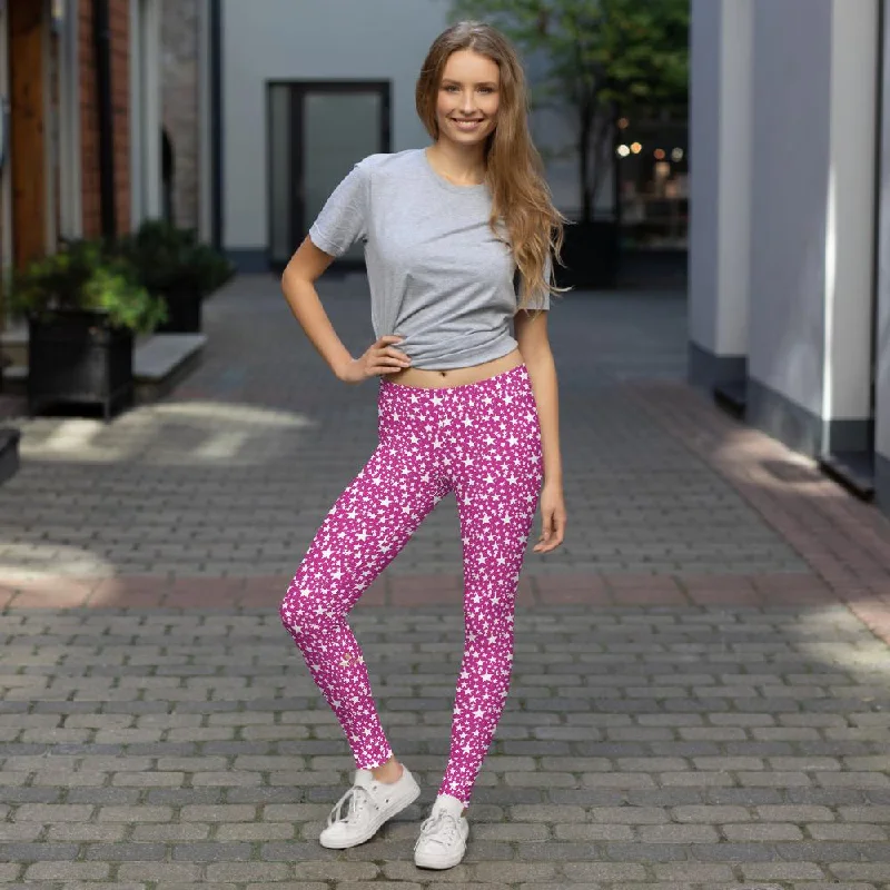 Pink Star Leggings, Hot Pink White Star Pattern Women's Dressy Casual Tights- Made in USA/EU Cozy Textured Workout Leggings