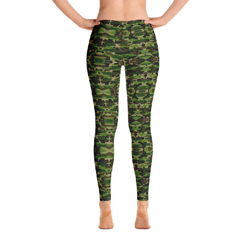 Green Camo Women's Fancy Leggings, Military Camouflage Military Print Ladies' Casual Tights Comfortable Workout Fitness Leggings