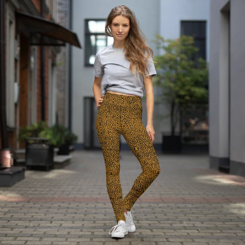 Brown Cheetah Yoga Leggings, Wild Animal Print Women's Fitness Tights-Made in USA/EU Fashionable Sports Compression Leggings