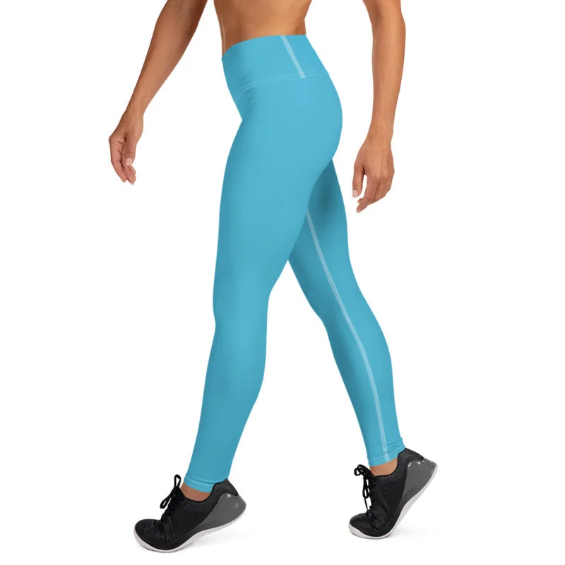 Light Blue Long Women's Tights, Solid Color Women's Premium Long Yoga Leggings Pants- Made in USA/ EU Comfortable Bootcut Workout Leggings