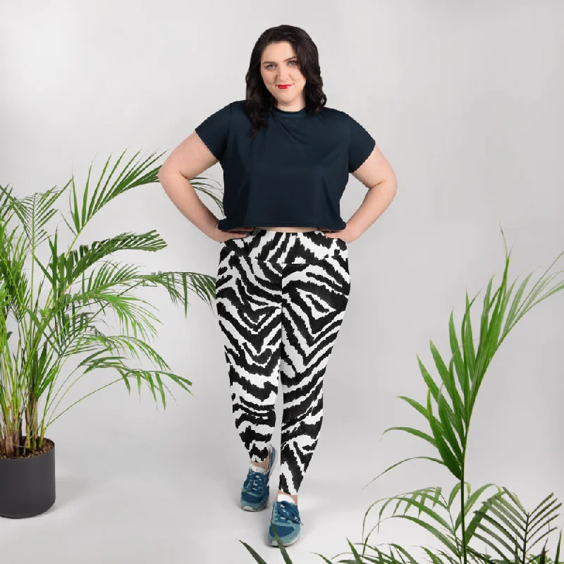 Zebra Plus Size Leggings, Black Striped Animal Print Women's Yoga Tights-Made in USA/EU Fashionable Printed Legging Pants