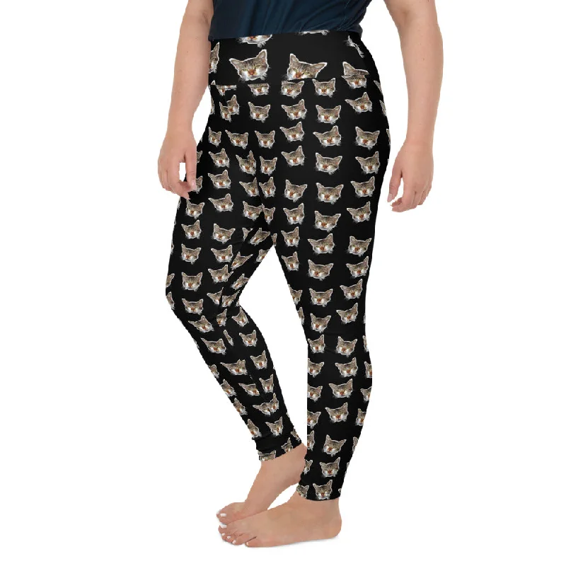 Black Cat Print Plus Size Leggings, Cute Cute Long Yoga Pants For Curvy Ladies- Made in USA/EU Comfortable Slip-On Compression Leggings