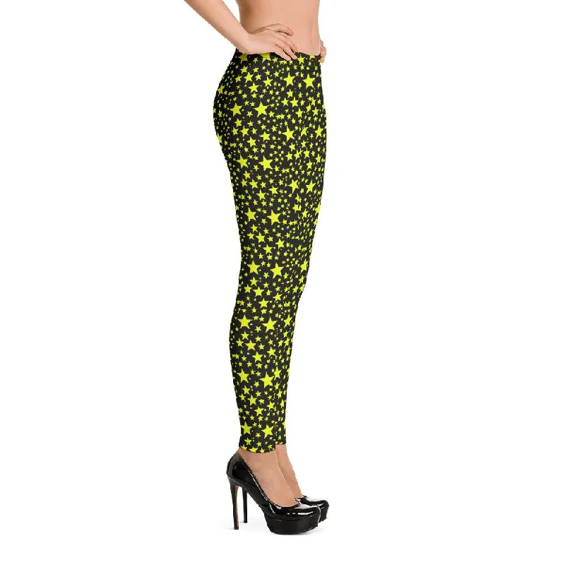 Yellow Star Leggings, Rock Star Print Black Women's Premium Casual Tights- Made in USA/EU Fashionable Tummy Control Leggings