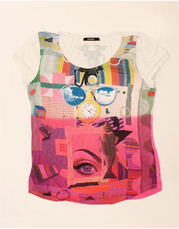DESIGUAL Womens Abstract Pattern Graphic T-Shirt Top UK 14 Large Pink Satin Fabric Silk Fabric Chiffon Fabric