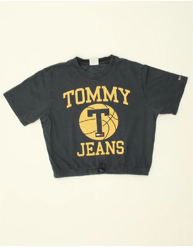 TOMMY HILFIGER Womens Oversized Crop Graphic T-Shirt Top UK 6 XS Navy Blue Polka Dot Checkered Tartan