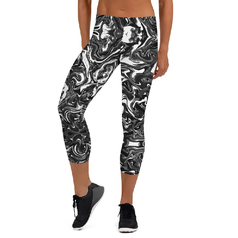 Black Marbled Capri Leggings, Marble Print Women's Abstract Capris Tights-Made in USA/EU Comfortable Yoga Tights Leggings