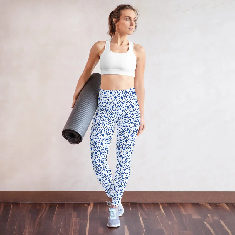 Blue Stars Women's Leggings, Star Pattern Best Fitted Long Yoga Pants- Made in USA/EU Trendy Mesh Leggings