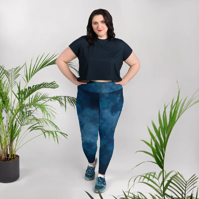 Blue Plus Size Women's Leggings, Abstract Long Yoga Pants For Curvy Women-Made in USA/EU Trendy Seamless Fit Leggings Blue Plus Size Women's Leggings, Abstract Long Yoga Pants For Curvy Women-Made in USA/EU Trendy Seamless Fit Leggings