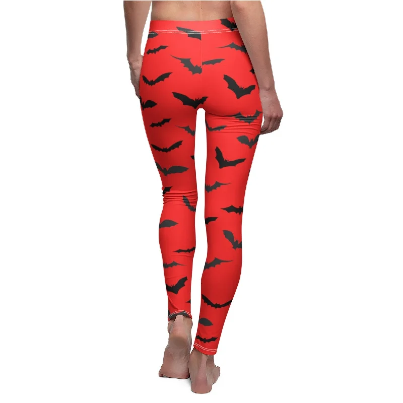 Bright Red Bats Halloween Tights, Black Bats Print Women's Halloween Costume Casual Leggings- Made in USA Elegant Satin Finish Leggings