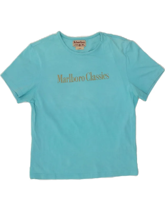 MARLBORO CLASSICS Womens Graphic T-Shirt Top UK 14 Large Blue Cotton Terry Blend Velvet Blend Canvas Blend