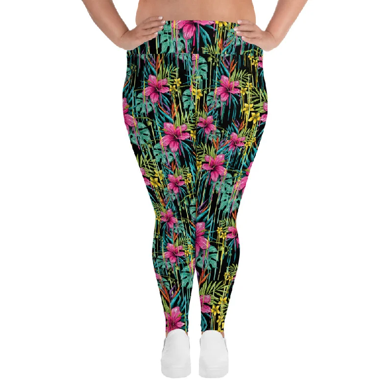 Black Tropical Plus Size Leggings, Floral Print Women's Long Yoga Tights-Made in USA/EU Comfortable Slip-On Leggings