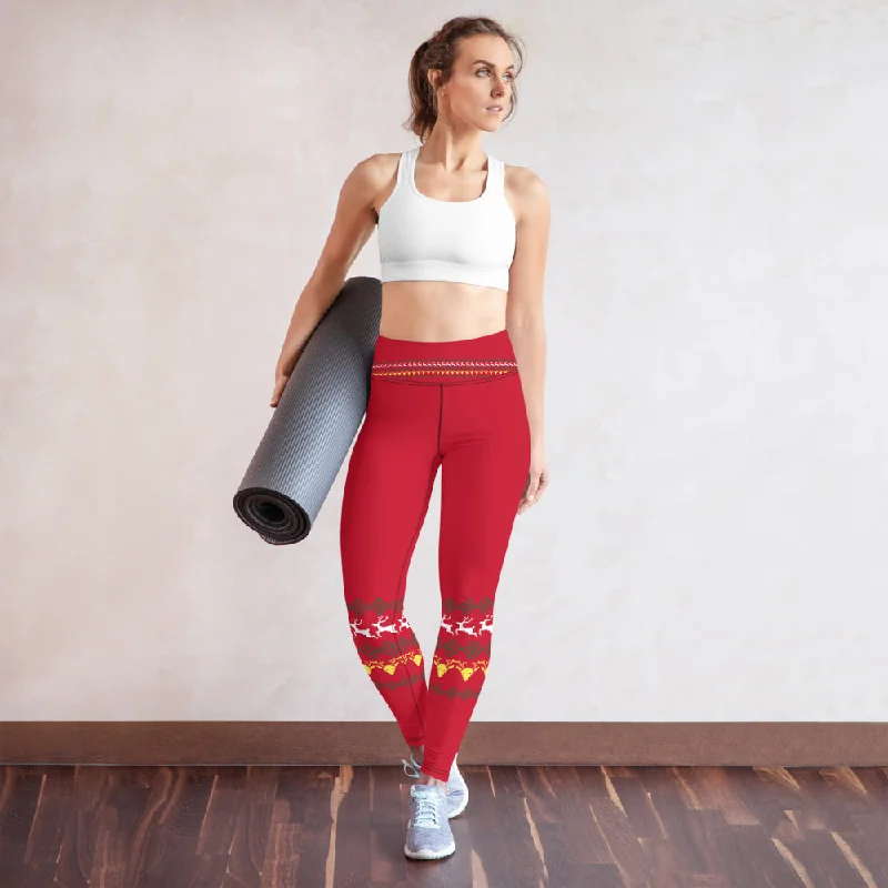 Red Reindeer Christmas Yoga Leggings, Modern Festive Xmas Women's Tights-Made in USA/EU Fashionable Leather-Look Leggings