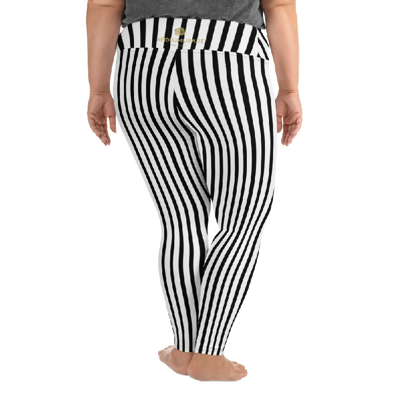 Vertical Striped Plus Size Tights, Best Black White Stripe Print Women's Plus Size Leggings Tights- Made in USA/ EU Trendy Sporty Compression Leggings