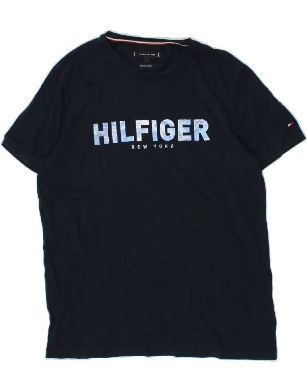 TOMMY HILFIGER Mens Graphic T-Shirt Top Large Navy Blue Cotton Collared T-Shirt Boat Neck A-Line TOMMY HILFIGER Mens Graphic T-Shirt Top Large Navy Blue Cotton Collared T-Shirt Boat Neck A-Line