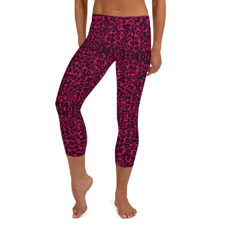 Pink Leopard Casual Capri Leggings, Leopard Animal Print Women's Capris Tights-Made in USA/EU Comfortable Leggings with Pockets