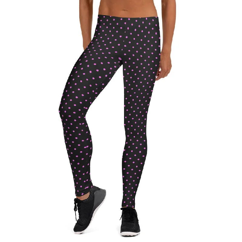 Pink Polka Dots Casual Leggings, Pink Dotted Print Women's Fashion Tights- Made in USA/EU Trendy Sports Performance Leggings