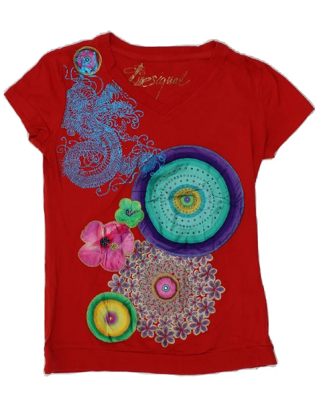 DESIGUAL Womens Graphic T-Shirt Top UK 12 Medium Red Floral Cotton Lace Blend Ribbed Blend Corduroy Blend