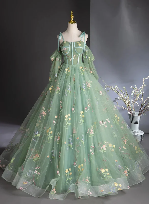 Green Tulle Straps Floral Long Party Dress, Green Tulle Prom Dress Tunics Sophisticated sleek