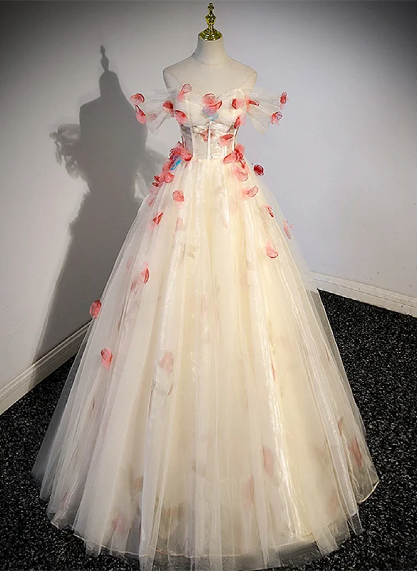 Lovely Flowers Light Champagne Tulle Long Formal Dress, Tulle A-line Prom Dress Party Dress Tunics Lace romantic