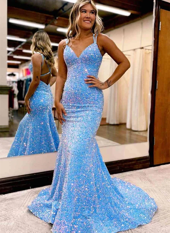 Blue V-neckline Sequins Mermaid Long Party Dress, Blue Backless Prom Dress Tunics Running lightweight