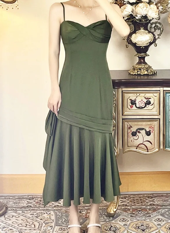 Green Satin Tea Length Sweetheart Party Dress, Green Satin Prom Dress Formal Dress Tunics Print Colorful