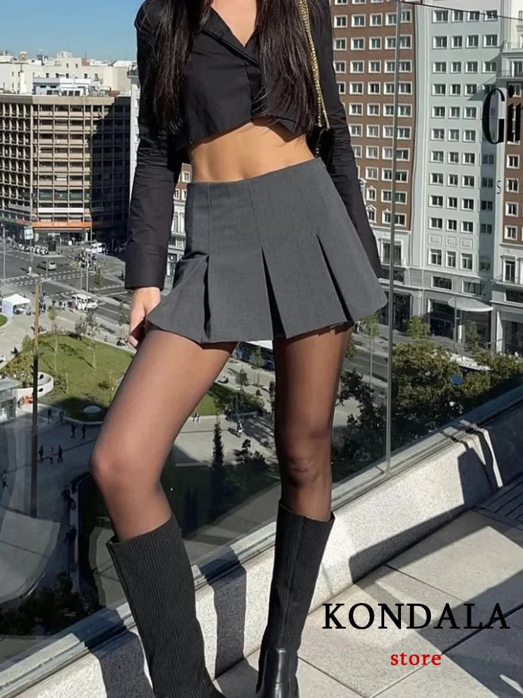 KONDALA Vintage Dark Grey Mini Skirts Women Ruffles Pleated Sexy Shorts Skirts Female Fashion 2024 Streetwear Mujer Faldas summer skirt style