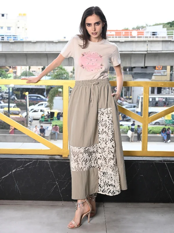 Odette Beige Polyester With Lace Skirt For Women pleated skirt texture