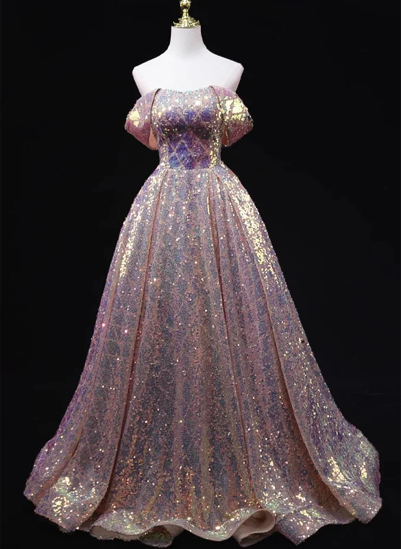A-line Off Shoulder Sequins Long Prom Dress, Sequins Evening Dress Party Dress Tunics Stylish elegant