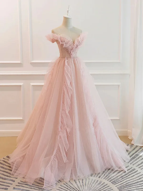 Pink Tulle Off the Shoulder A-Line Tulle Ruffles Floor-Length Prom Dress, Pink Long Party Dress Tunics Floral girly