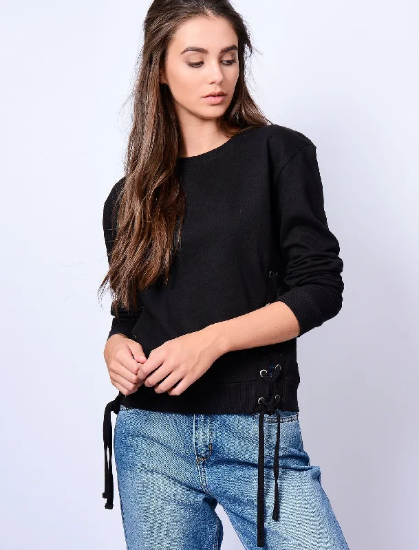 Arrow Cropped Sweatshirt with Lace Up Eyelets in Jet Black - Amara Reya Hoodie with Earth Tones Natural Calm Arrow Cropped Sweatshirt with Lace Up Eyelets in Jet Black - Amara Reya Hoodie with Earth Tones Natural Calm