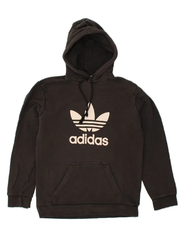 ADIDAS Womens Loose Fit Graphic Hoodie Jumper UK 10 Small Black Polyester Hoodie with Front Slit Layering Stylish