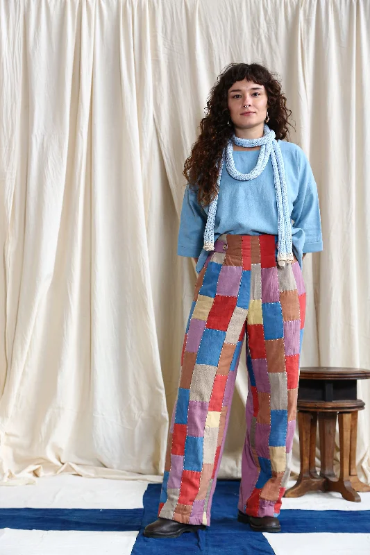 Button High-Waisted Patchwork Pants with Lac Dyed Back Comfy Zip-Up Pants
