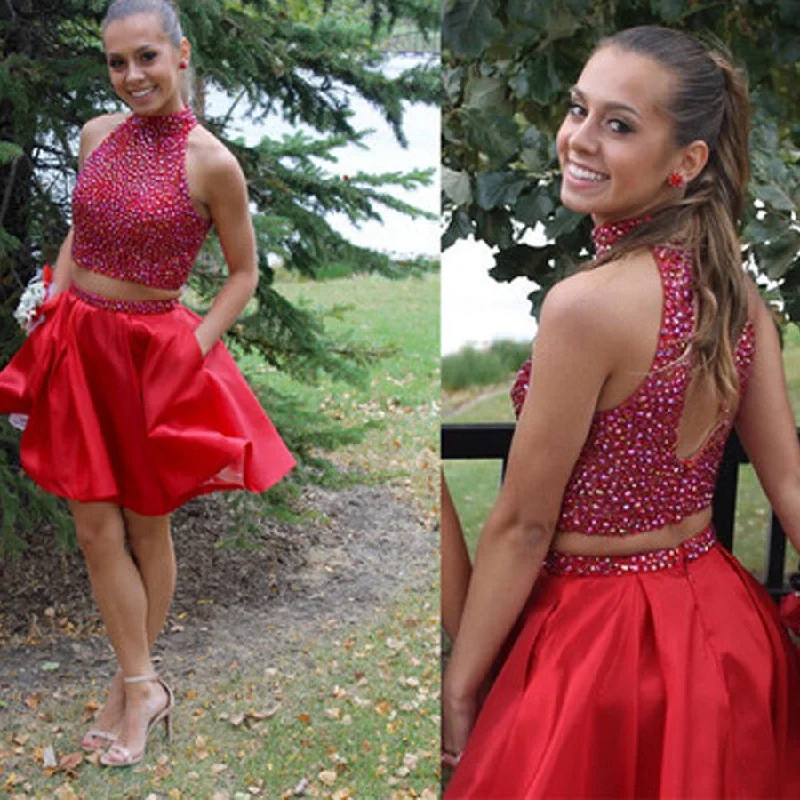 Popular blush red two pieces beaded unique tight homecoming prom gown dress,BD0083 Elegant Long Evening